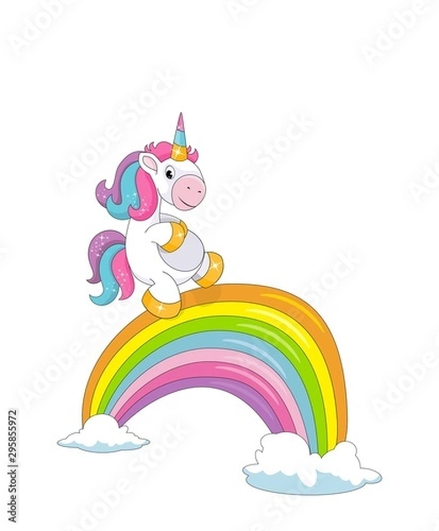 Obraz Cute little smiling unicorn, clouds and a rainbow bridge isolated on white