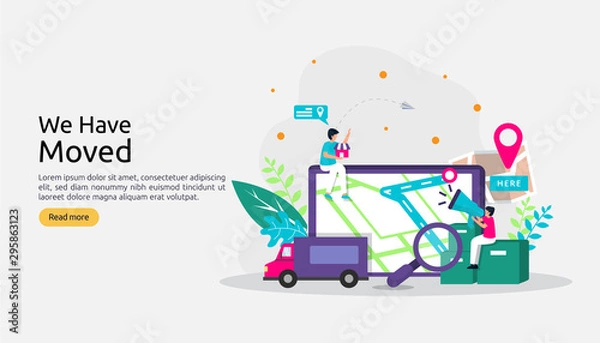 Fototapeta new location announcement business or change office address concept. we have moved vector illustration for landing page template, mobile app, poster, banner, flyer, ui, web, and background