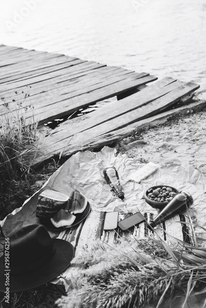 Obraz river picnic with lemonade and nuts and watermelon