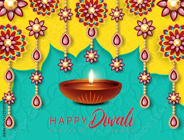 Obraz Happy Diwali Festival Design. Beautiful Indian Flower with Diya Oil Lamp Design. The Festival of Lights.