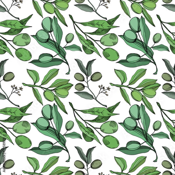 Fototapeta Vector Olive branch with fruit. Black and white engraved ink art. Seamless background pattern.