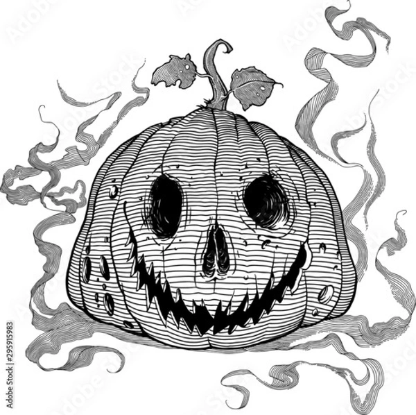 Fototapeta Black and white vector illustration for Halloween: rotten pumpkin lantern