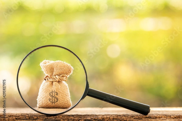 Obraz Magnifying glass with searching for money bag put on the wood on bokeh background, Loan and find for business investment fund  in the future concept.