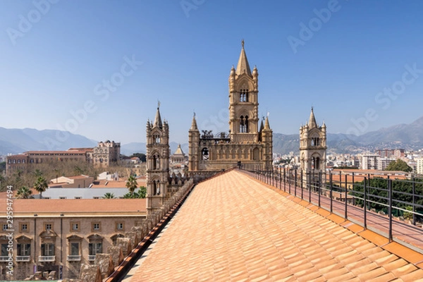 Fototapeta Rooftop view of the Palermo Cathedral or Cattedrale di Palermo bell towers in a nice sunny afternoon in Palermo, Sicily