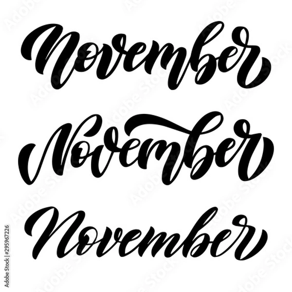 Fototapeta November, set of three minimalistic black and white vector scripts with decorative maple leaves elements. Hand drawn brush lettering for autumn events, posters, and banners.
