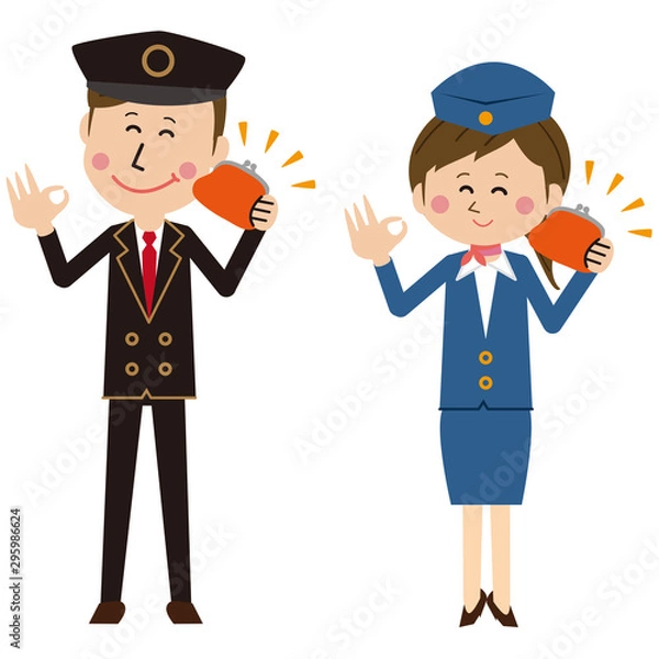 Fototapeta ポップなパイロットとキャビンアテンダントor運転手とバスガイドがお財布を持つ