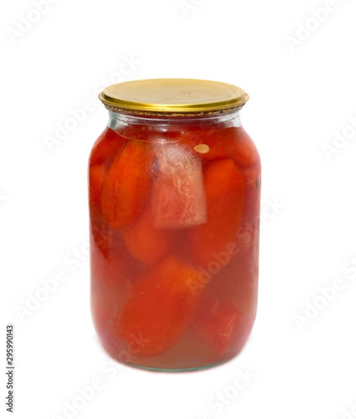 Fototapeta Glass jar with tomatoes closed on a white background.