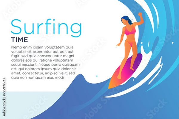 Fototapeta Surfing girl on a beach illustration for landing page, ui ux design, web design, cover book, banner, social media concept