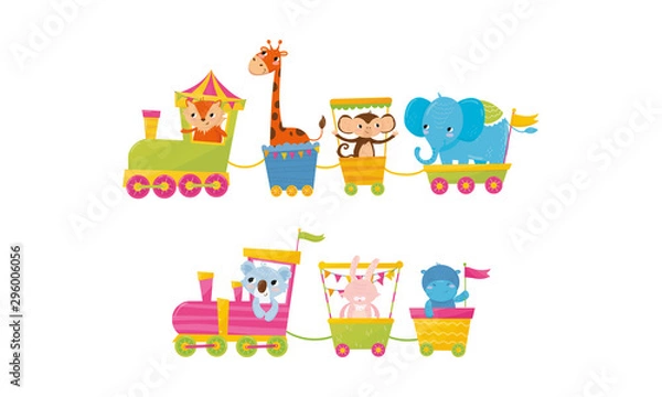 Obraz Funny Cartoon Animal Ride In Train Vector Illustration