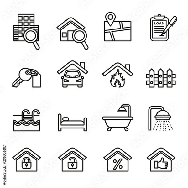 Fototapeta Real estate icons set with white background. Thin line style stock vector.