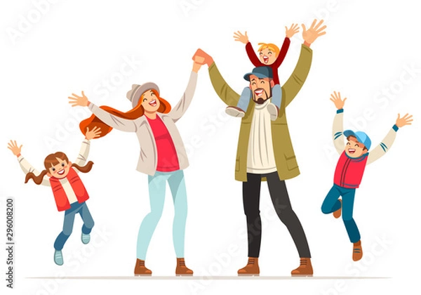 Fototapeta Happy family is jumping. Father mother daughter and sons holding hands together jumped. Vector illustration in cartoon style.