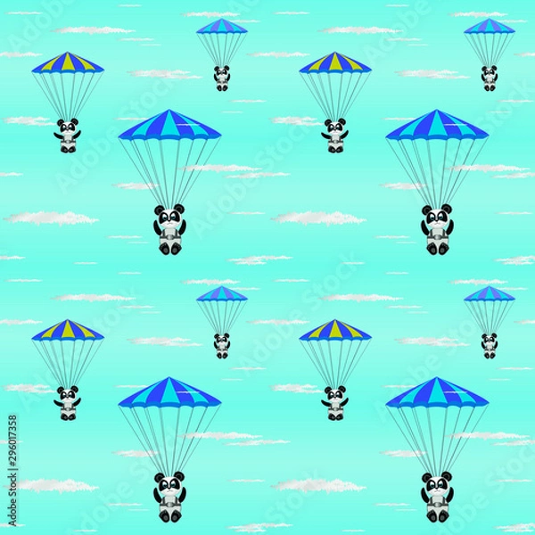 Fototapeta Children's cartoon illustration with brave pandas flying in the blue sky on parachutes, watching the clouds