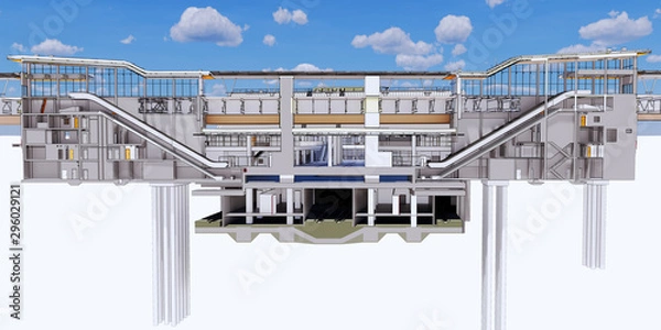 Fototapeta Сross-section view of BIM model of transport hub building and subway station and 