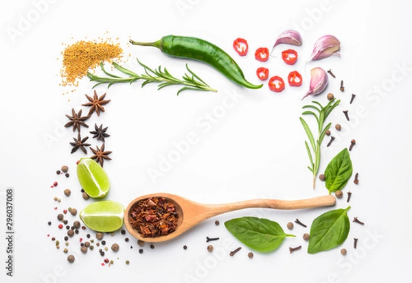 Fototapeta Frame made of different spices on white background