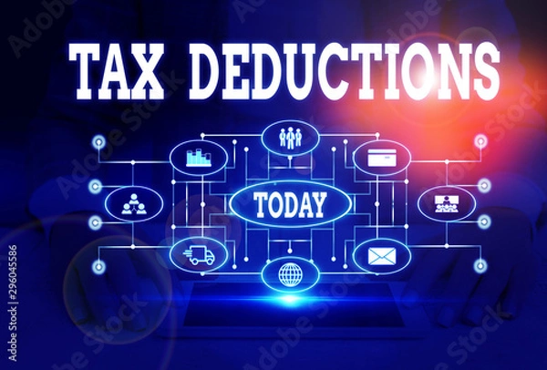 Fototapeta Writing note showing Tax Deductions. Business concept for an amount or cost that subtracted from someone s is income Woman wear formal work suit presenting presentation using smart device