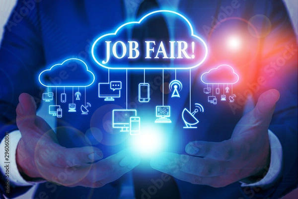 Fototapeta Word writing text Job Fair. Business photo showcasing event in which employers recruiters give information to employees Male human wear formal work suit presenting presentation using smart device