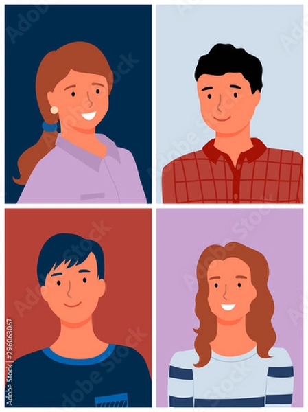 Fototapeta Portrait photo set of man and woman, smiling relatives or colleagues, people photography in flat design style, male and female in casual clothes vector