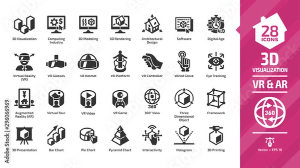 Fototapeta 3D visualization icon set with virtual & augmented reality (VR & AR) visual technology glyph symbols: graph data, glasses, headset and helmet, computing industry, modeling, rendering and software.