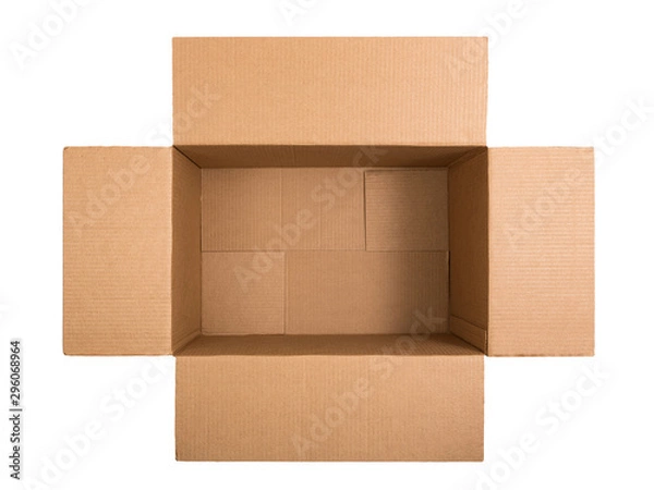 Obraz Opened cardboard box isolated on white background. Top view. Flat lay