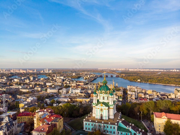 Obraz Aerial top view of Saint Andrew's church and Andreevska street from above, cityscape of Podol district, city of Kiev (Kyiv), Ukraine