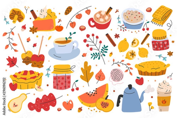 Obraz Jesienny zestaw, pakiet ręcznie rysowanych klipów sezonowej żywności i napojów, ilustracje wektorowe. Ciasto jabłkowo-dyniowe, liście słoików z dżemem, jabłka karmelowe, latte z przyprawami dyniowymi, symbole jesieni. pakiet naklejek