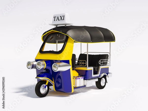 Fototapeta Tuk-Tuk Motor-tricycle, Tuktuk car, Tri motor cycle, Motorbike taxi 3d rendering. 3D illustration Thai vehicle Tuk Tuk in Bangkok of Thailand traditional on white background, clipping path included.
