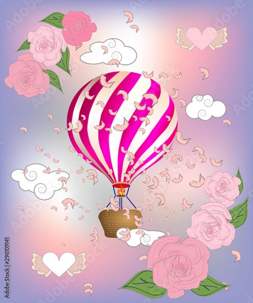 Fototapeta Air balloon with roses in the basket and ribbon with signature I really love you Valentines day illustration