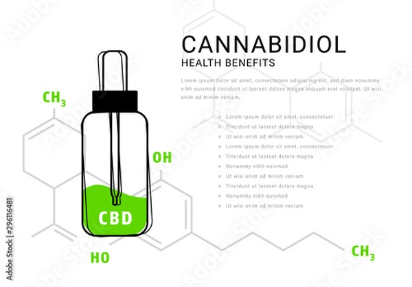 Fototapeta Infografika oleju kanabidiolowego z ilustracją wzoru cząsteczkowego