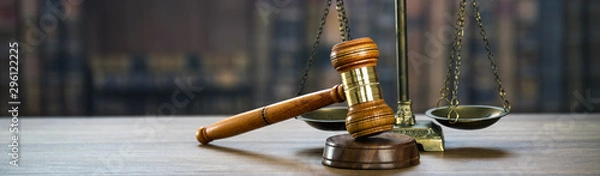 Fototapeta Law and Justice concept. Mallet of the judge, books, scales of justice. Courtroom theme.