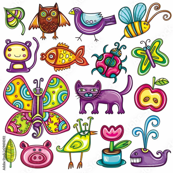 Obraz Cartoon flora and fauna set
