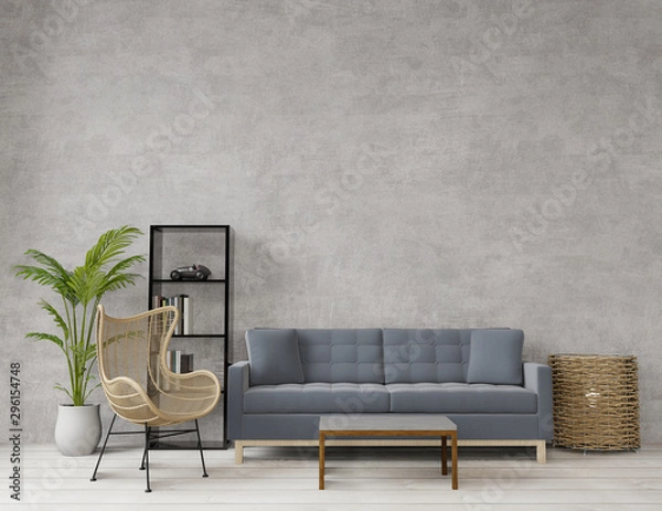 Fototapeta 3D rendering Loft style living room with raw concrete ,wooden floor,big window empty wall for copy space