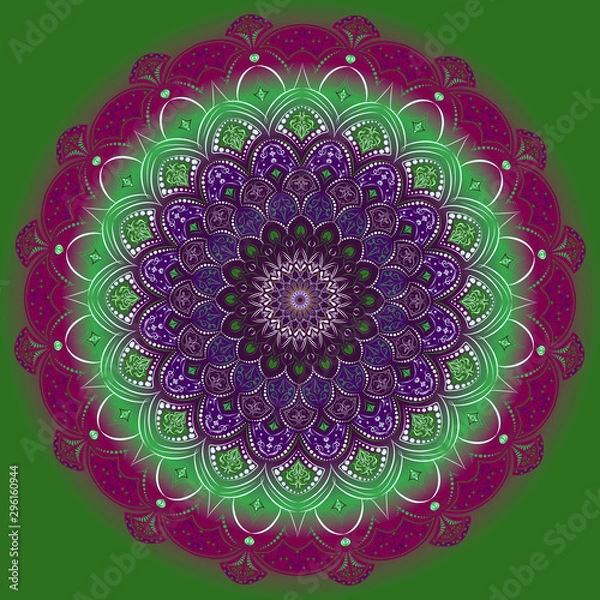 Obraz The pattern is round, green-purple. Madala with floral patterns, harmony and symmetry. Balanced color gamut.