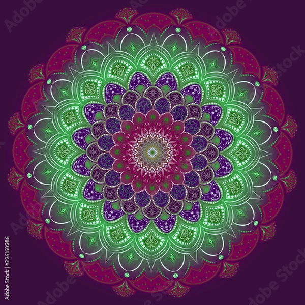 Obraz The pattern is round, green-purple. Madala with floral patterns, harmony and symmetry. Balanced color gamut.