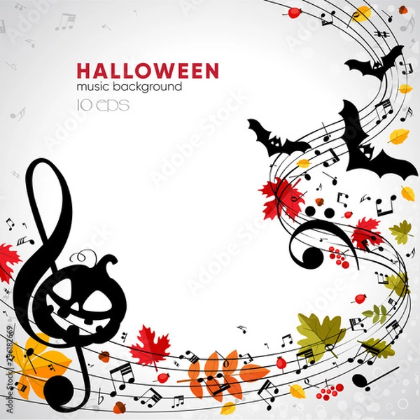 Fototapeta Bright musical autumn halloween background with pumpkin, bats and leaves. Musical Composition at Halloween Party