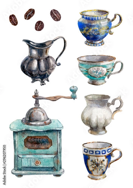 Fototapeta vintage coffee mill, milk jug and cups