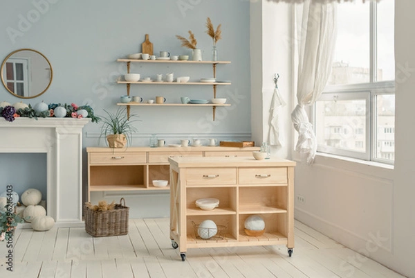 Fototapeta Kitchen-studio with the wooden table, shelf and big winodw