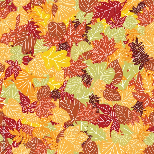 Obraz Various hand drawn autumn leaves overlapping to form an endless pattern. Vector seamless pattern for textile, wrapping paper, decoration, etc.