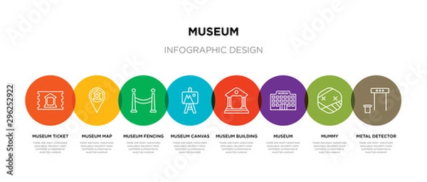 Fototapeta 8 colorful museum outline icons set such as metal detector, mummy, museum, museum building, canvas, fencing, map, ticket