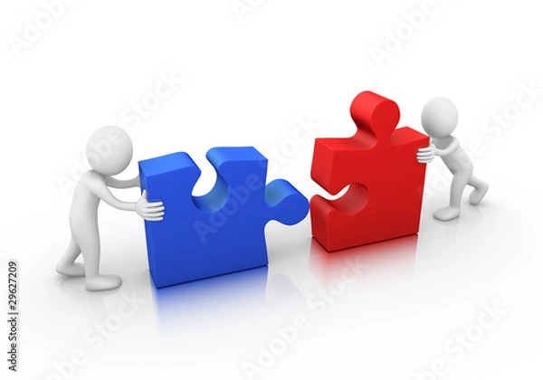 Fototapeta Problem solved! Two jigsaw puzzle pieces ready to be assembled