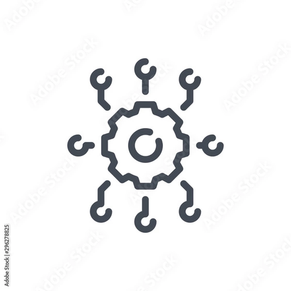 Fototapeta Settings connection line icon. Gear with link points vector outline sign.