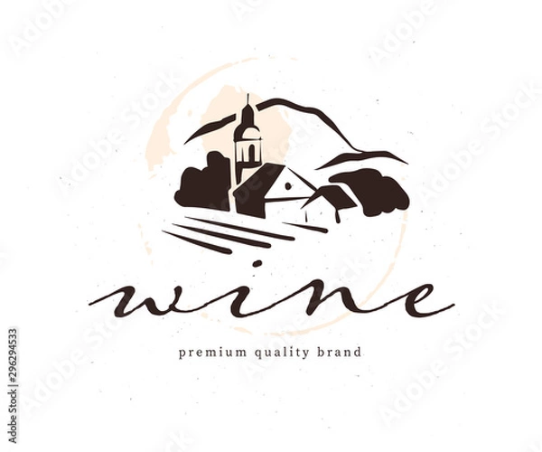 Fototapeta Vector wine label logo design template with hand drawn landscape village vinery illustration and text sample isolated on white background. For family vineyard brand, restaurant menu, bar etc.