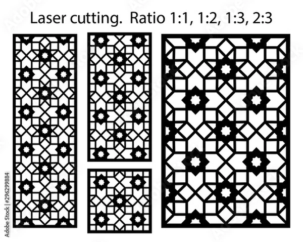 Fototapeta Cnc template set. Laser pattern. Set of geometric decorative vector panels for laser cutting.