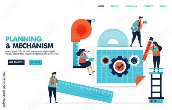 Fototapeta Planning a mechanism in business blueprint. Design company construction concept with standard operating procedures. Machine designs for goods production. Illustration for website, mobile apps, poster