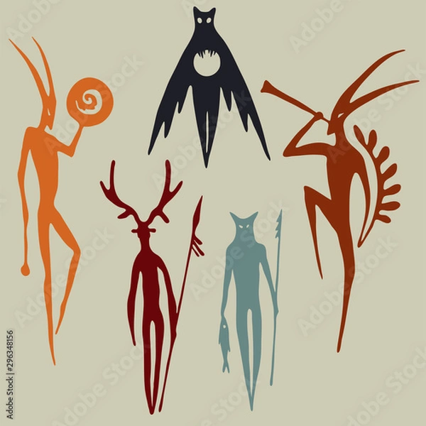 Obraz Forest spirits silhouettes ancient rock carvings