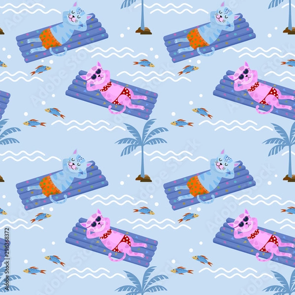 Fototapeta Cute cat floating on air pool water mattress.