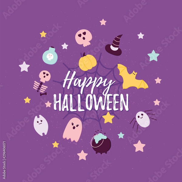 Fototapeta Happy Halloween banner with a Lettering. Flat style Halloween icons scary ghost, pumpkin, witch hat, bat, potion bottle, skull, skeleton, spider net, cat.