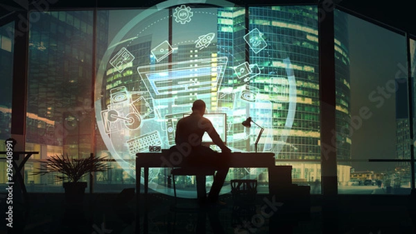 Fototapeta Web designer on the background of business center skyscrapers.