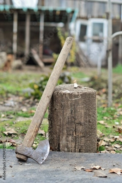 Fototapeta old rusty axe in a tree stump