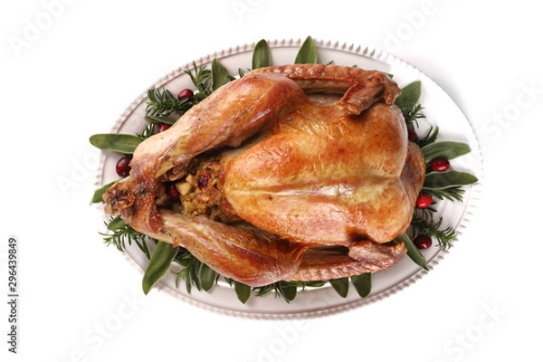 Obraz Roast turkey isolated on white background, shallow focus