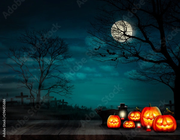 Fototapeta Dark night haunted graveyard and the moon with branches tree and flying bats on Halloween day and Jack-o-lantern on the wood plank board with lamp and red candle and the black cat.